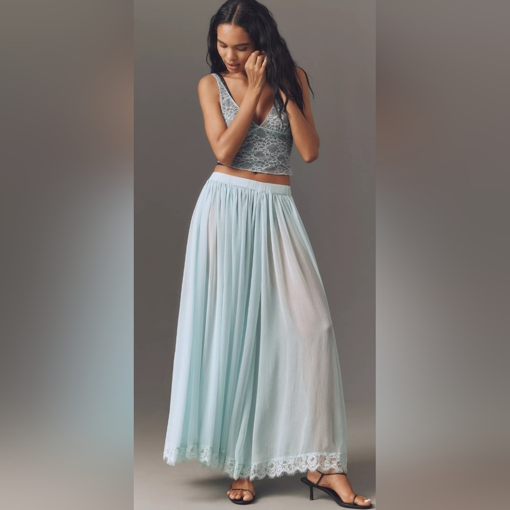 Anthropologie Sheer Maxi Skirt With Lace Trim